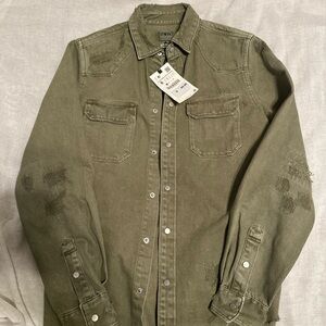 Zara Distressed Denim Western overshirt - Olive Green - Size S (NWT)